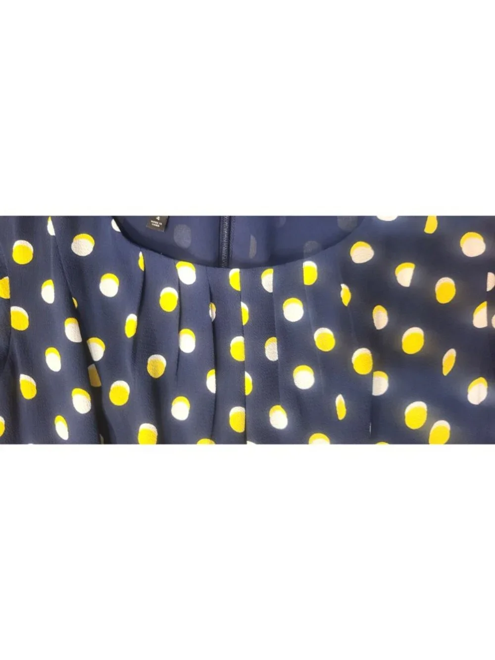 Womens Talbots Navy Blue Yellow/White Polka Dot Midi Dress 4 Pleats Chiffon Zip